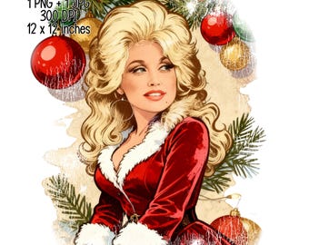 May include: Digital download featuring a vintage-style illustration of a woman with blonde hair, wearing a red velvet dress with white trim, and surrounded by Christmas ornaments and pine branches. The image is 12 x 12 inches.