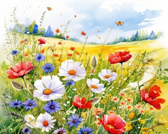 14 JPG 花畑の風景 水彩画 クリップアート デジタルダウンロード 商用