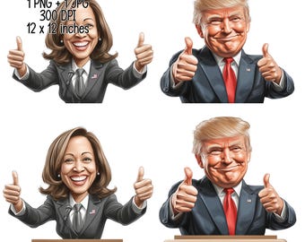 Comical Trump and Harris Thumbs Up - Funny 2024 Election Clipart Illustration, Digital Download, Commercial Use