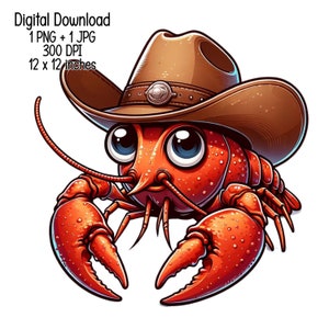 May include: A cartoon crayfish wearing a brown cowboy hat with a silver buckle. The crayfish is red with black eyes and a white mouth. The crayfish is standing on a white background.