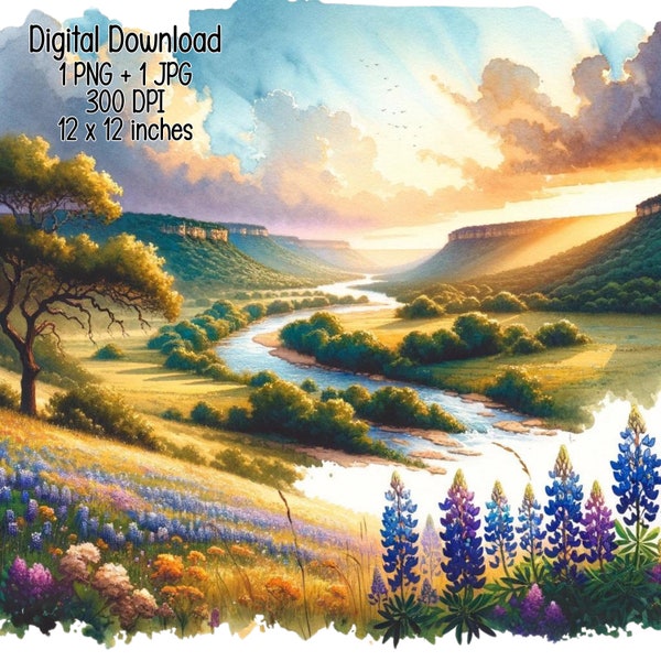 Texas landscape during the golden hour Watercolor Illustrations, river Clipart Commercial Use Sublimation designs PNG, JPG Digital download