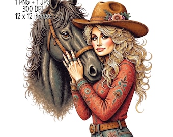 May include: A woman with long blonde hair wearing a brown cowboy hat with floral accents and a red and brown patterned shirt is holding a black horse's head. The horse has a brown leather bridle.
