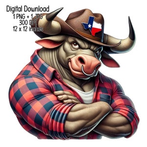 May include: A cartoon bull wearing a cowboy hat with a Texas flag on it and a red and black plaid shirt. The bull has a silver nose ring and its arms are crossed.
