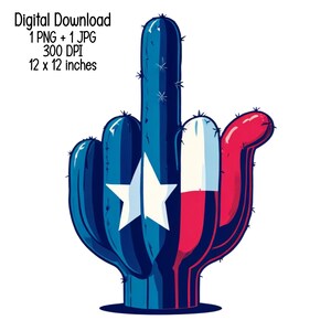 Può includere: Un cactus a forma di dito medio, con i colori della bandiera del Texas. Il cactus è blu, bianco e rosso.