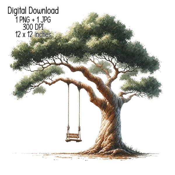 Rope swing from tall tree, Watercolor Clipart Commercial Use Sublimation designs illustration transparent PNG, JPG Digital download