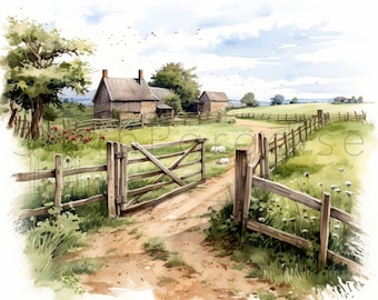 20 JPG 農場フェンス風景水彩クリップアートデジタルダウンロード商用