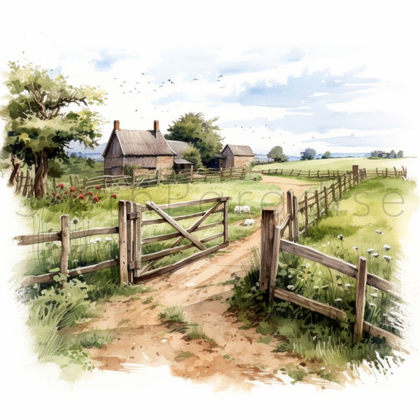 20 JPG Farm Fence landscape Watercolor Clipart Digital Download Commercial Use countryside nature high quality card making illustration