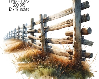 Old wooden Farm Fence with moss Watercolor Clipart Commercial Use Sublimation designs illustration transparent PNG, JPG Digital download