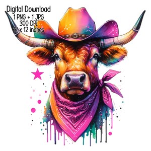 Longhorn as Texan with cowboy hat  Watercolor Clipart Commercial Use Sublimation designs illustration transparent PNG, JPG Digital download