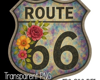 花柄ルート66 PNG | ヴィンテージ高速道路標識クリップアート | 素朴な