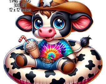 2 Texas Cow on a Swimming Circle | Summer Vacation Illustration | Digital Download | Clipart PNG JPG