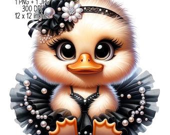 Cute adorable baby duck in party tutu and headband pearls Clipart Commercial Use Sublimation designs illustration PNG JPG Digital download