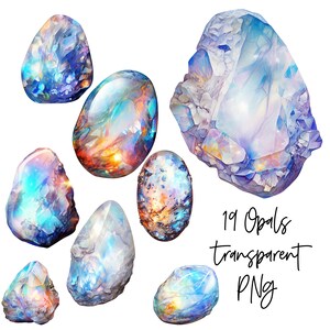 May include: A collection of 19 iridescent opal stones in various shapes and sizes. The opals are translucent and have a rainbow of colors, including blue, purple, green, and orange. The stones are arranged in a random pattern on a white background. 19 Opals transparent PNG