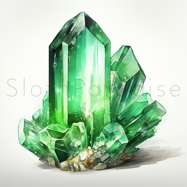 12 JPG Watercolor Emerald crystal Clipart Digital Download Commercial Use green gemstone card making printable art illustration