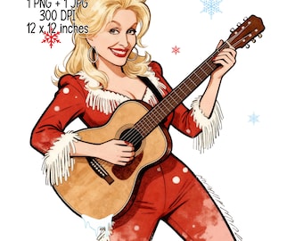 2 Dolly Christmas Guitar Illustration PNG, Retro Country Music Woman Art, Vintage Holiday Clipart, Dolly Inspired Christmas Design