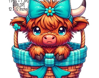 Baby highland cow with turquoise bow hand band in a basket Clipart Commercial Use Sublimation designs illustration PNG JPG Digital download