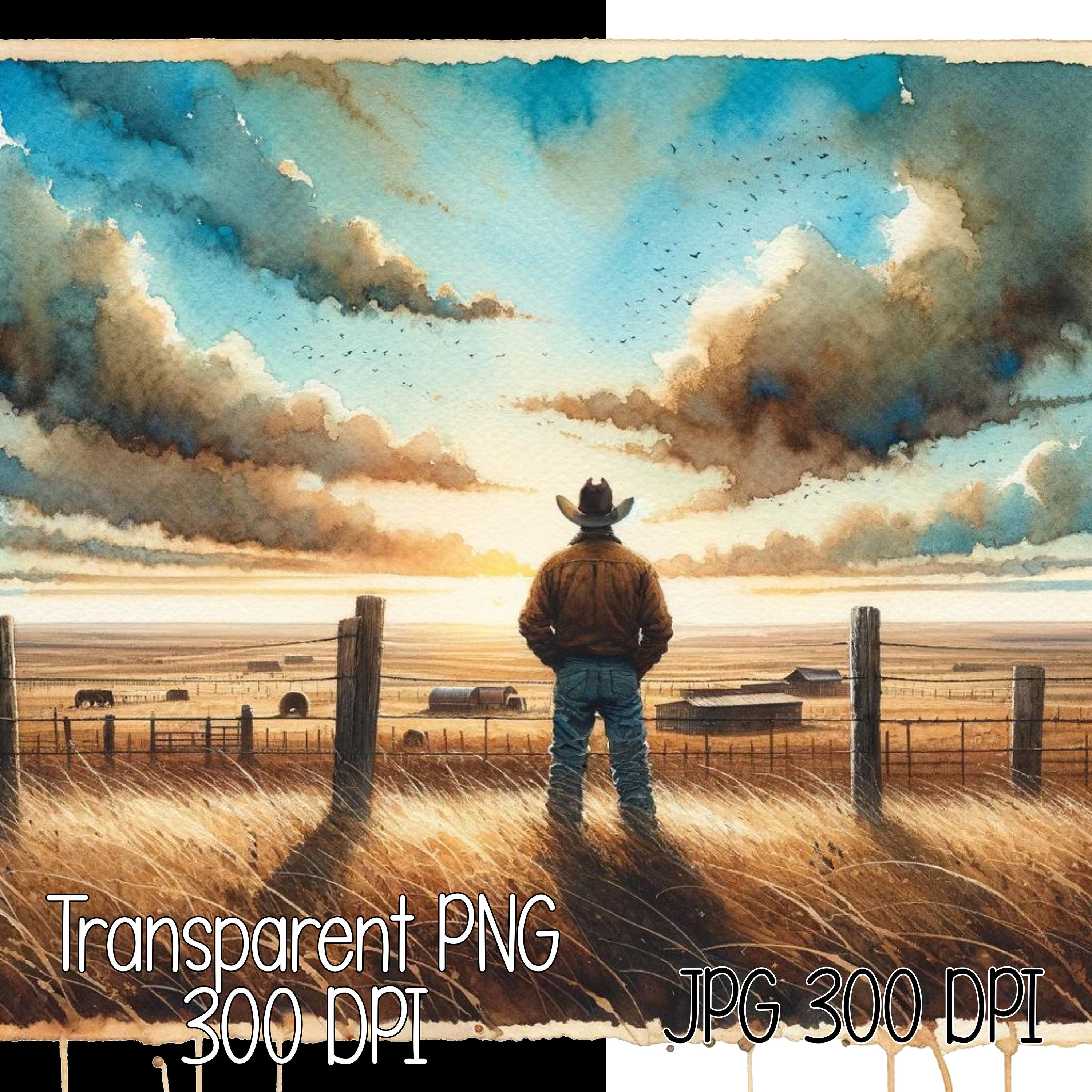 Rancher and Vast Texas Landscape Watercolor Illustrations Clipart ...