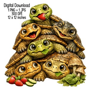 Söt sköldpadda stack PNG - nyckfull sköldpadda familj sublimering - rolig sköldpadda med jordgubbskonst - plantskoledjur clipart - digital nedladdning