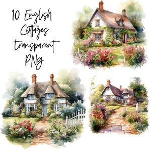 11 PNG inglese cottage con fiori trasparente acquerello Clipart Digital Download uso commerciale, illustrazione di creazione di carte di alta qualità