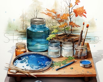 7 JPG Artist stuff Blue Watercolor Digital Download Commercial Use card making printable art illustration