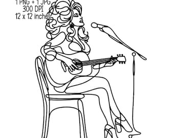 May include: A black and white line drawing of a person sitting on a chair, playing a guitar and singing into a microphone.