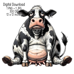 Tired Cow Humorous Illustration | Digital Download | Funny Animal Clipart | Transparent PNG JPG