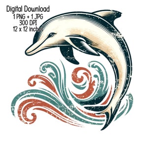 Vintage Vibe Dolphin Illustration | Digital Download | Watercolor Clipart | Sublimation Design PNG JPG
