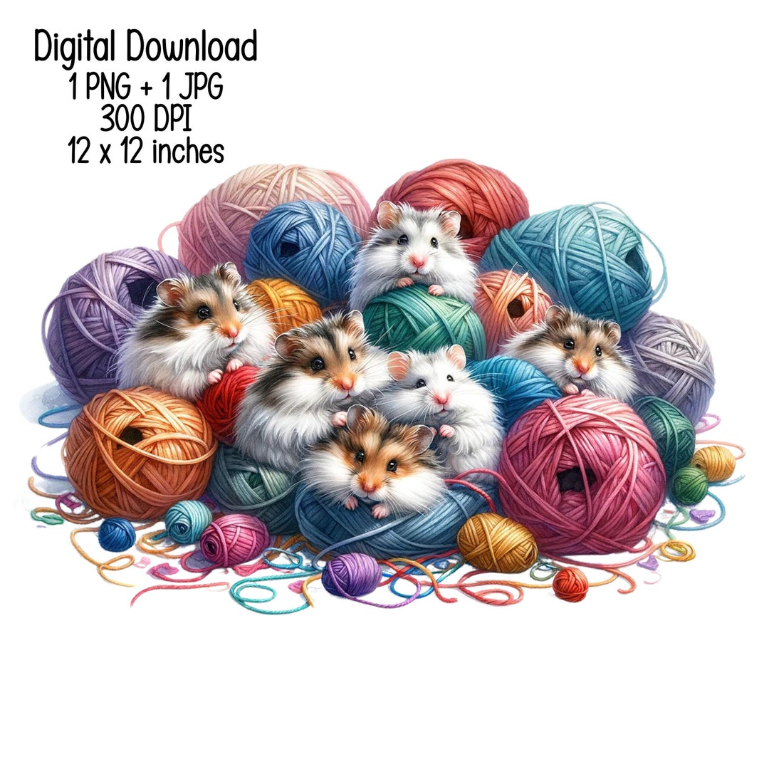 Fluffy Hamsters on a Pile of Colorful Yarn Clipart Illustration