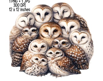 Pile of cute owls Watercolor illustration Clipart Commercial Use Sublimation designs illustration transparent PNG, JPG Digital download