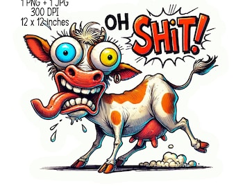 Surprised Humorous Cow Digital Download Sublimation Design, PNG, JPG