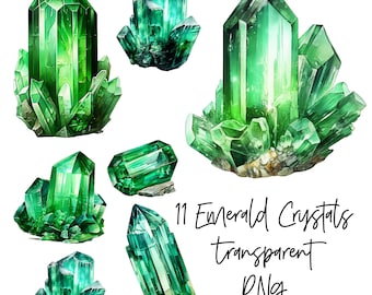 11 PNG Emerald Crystal Transparent Watercolor Clipart Digital Download Commercial Use, green gemstone card making illustration