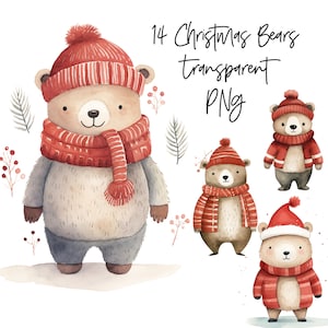 14 PNG Christmas Bears trasparente acquerello Clipart Digital Download uso commerciale, scandinavo, illustrazione di creazione di carte di alta qualità