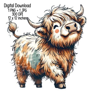 Vintage Sassy Cute Highland Cow Illustration | Digital Download | Clipart PNG JPG