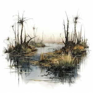 16 JPG Sumpf Landschaften Aquarell Clipart Digital Download Kommerzielle Nutzung Sumpfgebiet Boot hochwertige Karte machen Illustration
