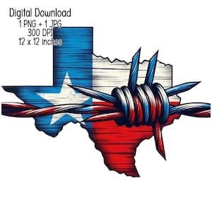 Carte du Texas et clôture en fil de fer barbelé à la frontière du drapeau, téléchargement numérique, TX, illustration, conceptions à sublimation à usage commercial PNG, JPG transparents