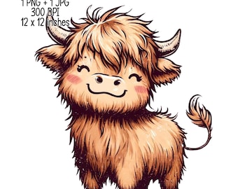 Vintage Sassy Cute Highland Cow Illustration | Digital Download | Clipart PNG JPG