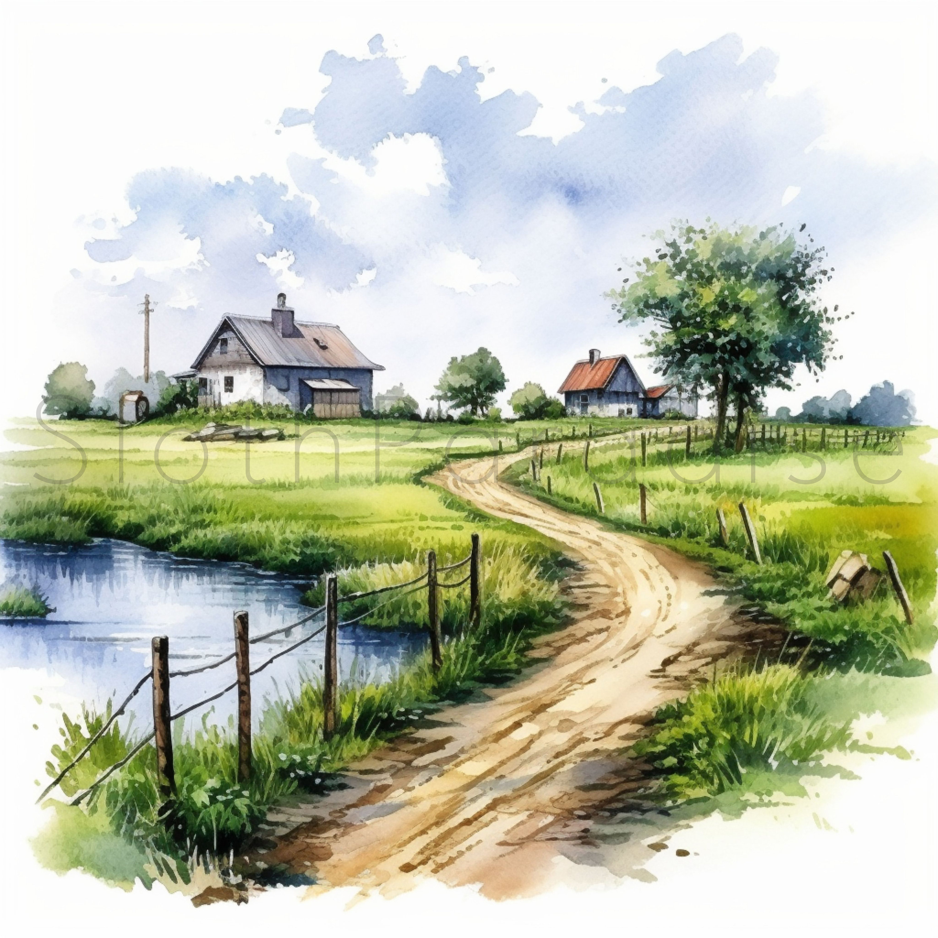 15 JPG 村の農道 水彩画 クリップアート デジタルダウンロード 商用