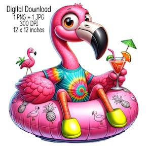 2 słodkie flamingi na różowym kółku do pływania | Ilustracja wakacji letnich | Pobieranie cyfrowe | Clipart PNG JPG