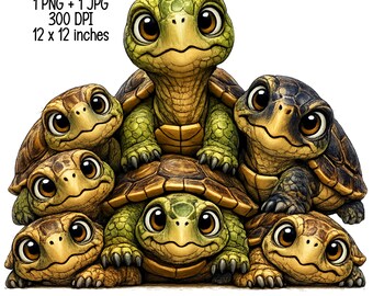 Cute Turtle Family PNG - Whimsical Sea Turtle Sublimation Design - Turtle Pile Nursery Clipart - Baby Turtle Illustration - Digital Download