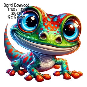 Grappige schattige kleurrijke humoristische Gecko illustratie Clipart Commercieel Gebruik Sublimatie ontwerpt illustratie PNG, JPG Digitale download