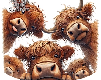 2 Funny peeking Highland Cows Besties Illustration | Digital Download | Clipart PNG JPG