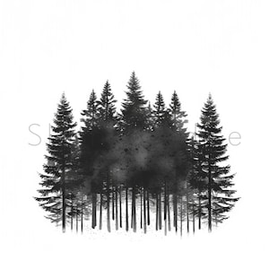 9 JPG forêt de pins noirs en téléchargement numérique Silhouette de forêt monochrome aquarelle à usage commercial fabrication de cartes monochromes de haute qualité