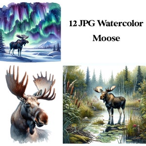 12 JPG Elch Aquarell Digitaler Download Kommerzielle Nutzung Wald Berge Nordelch Karte machen druckbare Kunst Illustration