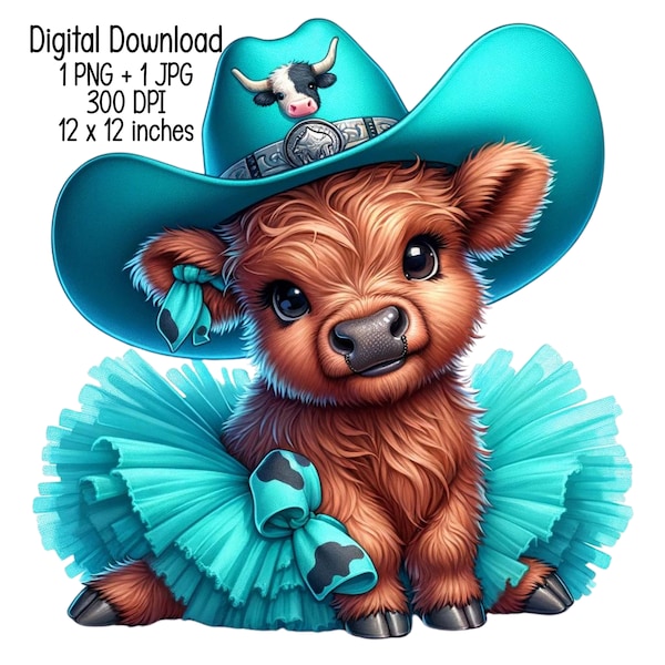 Cute adorable baby highland cow turquoise Texas hat Clipart Commercial Use Sublimation designs illustration PNG JPG Digital download