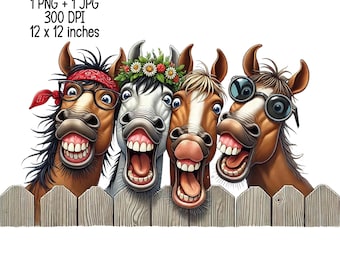 Silly Humorous Horses Clipart Illustration - Funny Horse Digital Download, JPG, Transparent PNG