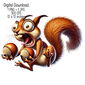 以下が含まれることがあります： 大きな目と口を開けた漫画のリスが、2つのドングリを手に持っています。リスはふさふさの尻尾を持っており、茶色とオレンジ色をしています。