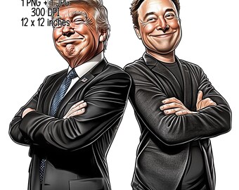 May include: A digital illustration of two men in suits, standing side-by-side. The man on the left is wearing a dark suit with a red, white, and blue tie. The man on the right is wearing a black suit with a white shirt. Both men have their arms crossed.