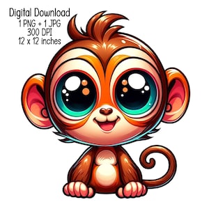 Cute Monkey children Clipart illustration Commercial Use Sublimation designs transparent PNG, JPG Digital download kids nursery animals