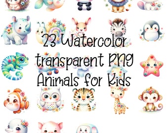 23 PNG Acquerello Animale PNG / Carino Cucciolo di Animali Clipart / Bambini Asilo Nido Arte Sublimazione