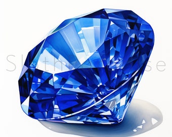 May include: A large, faceted, blue sapphire gemstone with a brilliant cut. The gemstone is set against a white background.